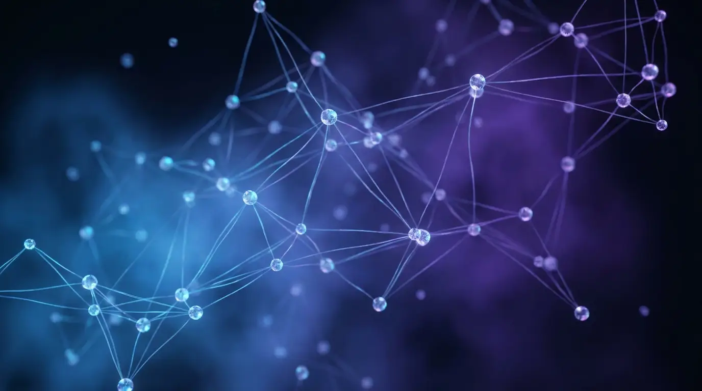 Abstract constellation of glowing nodes connected by luminous filaments, representing an AI agent network